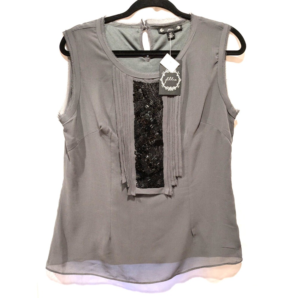 Filtre Tank Top Womens Medium Petite Gray Black Sequins Sheer Frayed Hem NWT